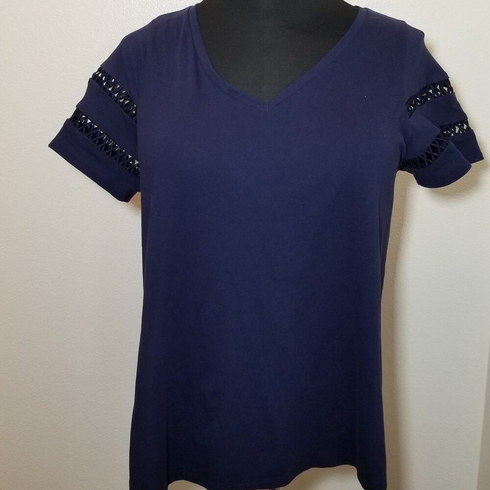 Lane Bryant V Neck Navy Short Sleeve Shirt Crochet Accent Womens 14/16 Cottage